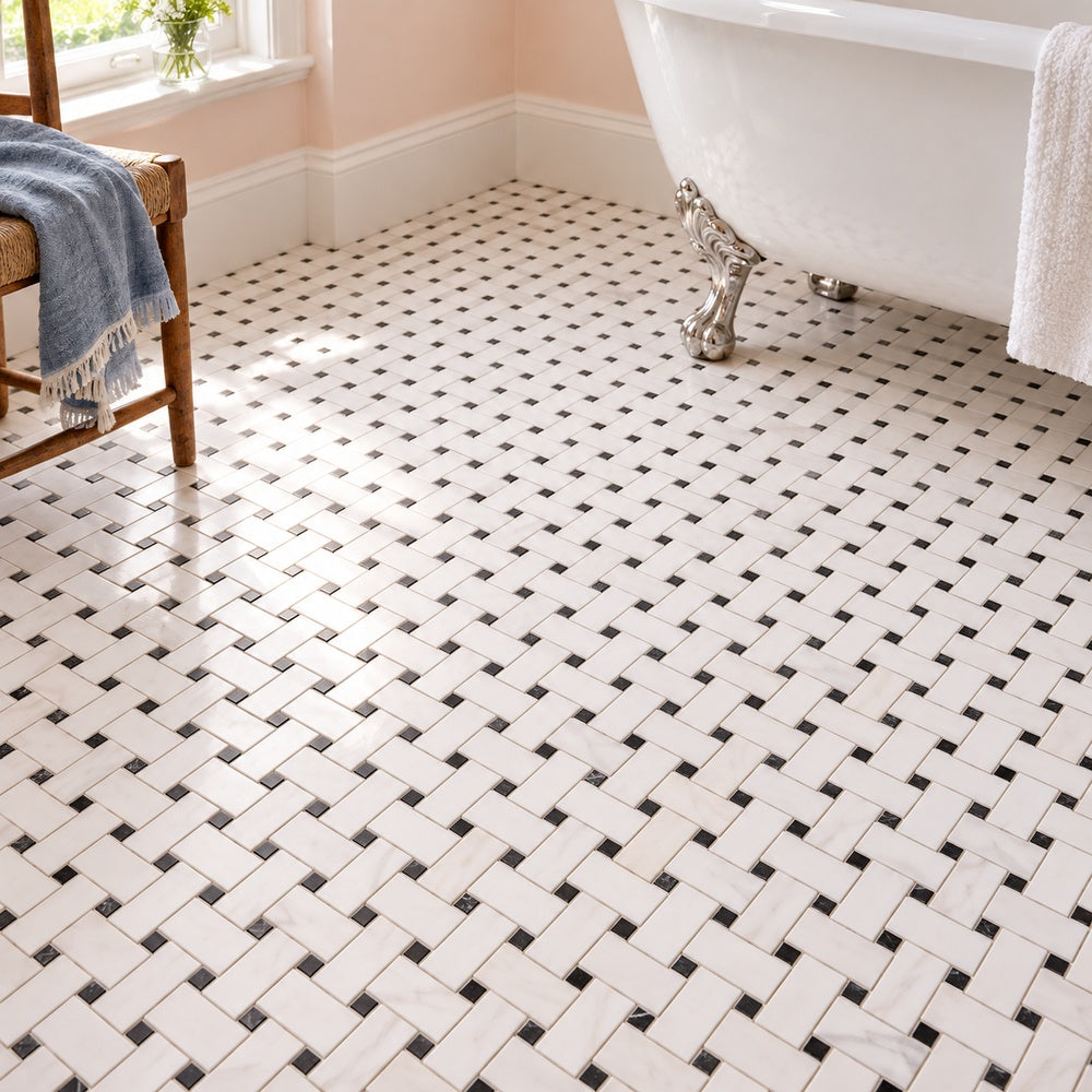 Bianco Dolomite Marble 12x12 Basketweave with Black Dots Mosaic Polished/Honed installed room scene