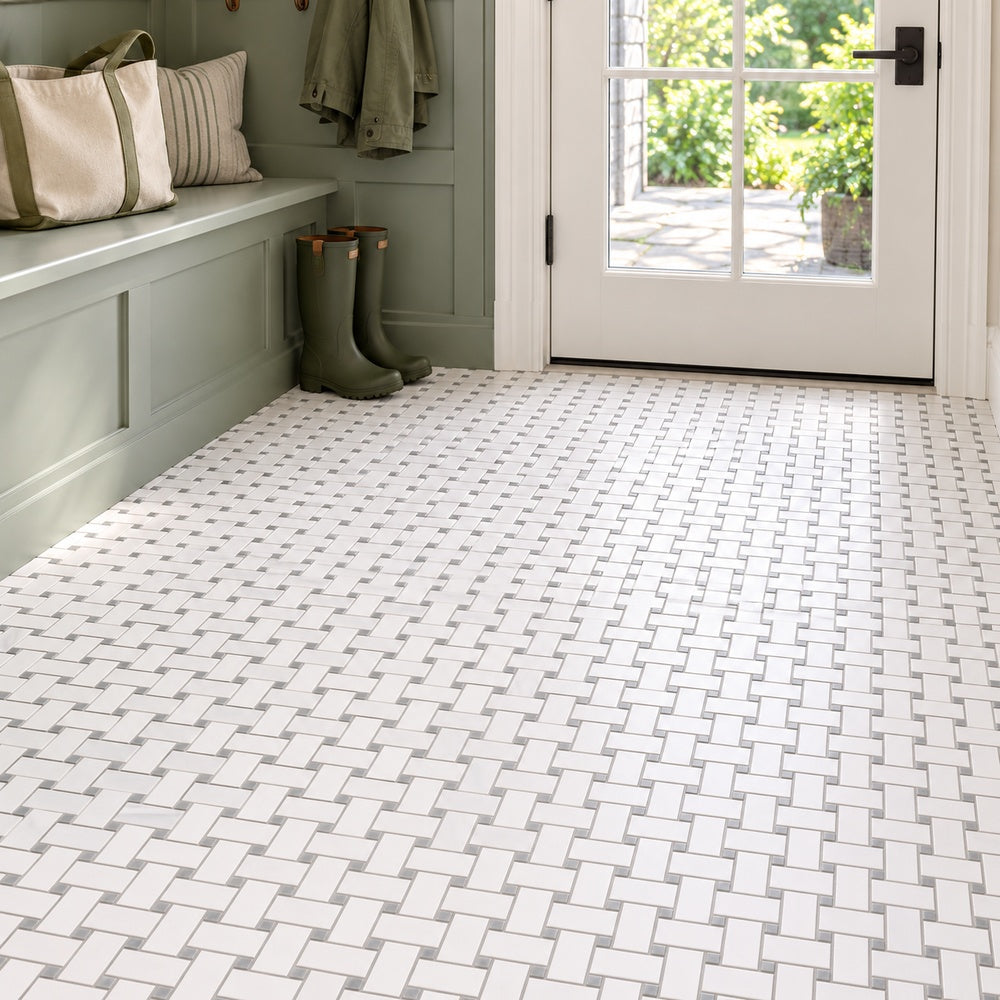 Bianco Dolomite Marble 12x12 Basketweave with Gray Dots Mosaic Polished/Honed installed room scene