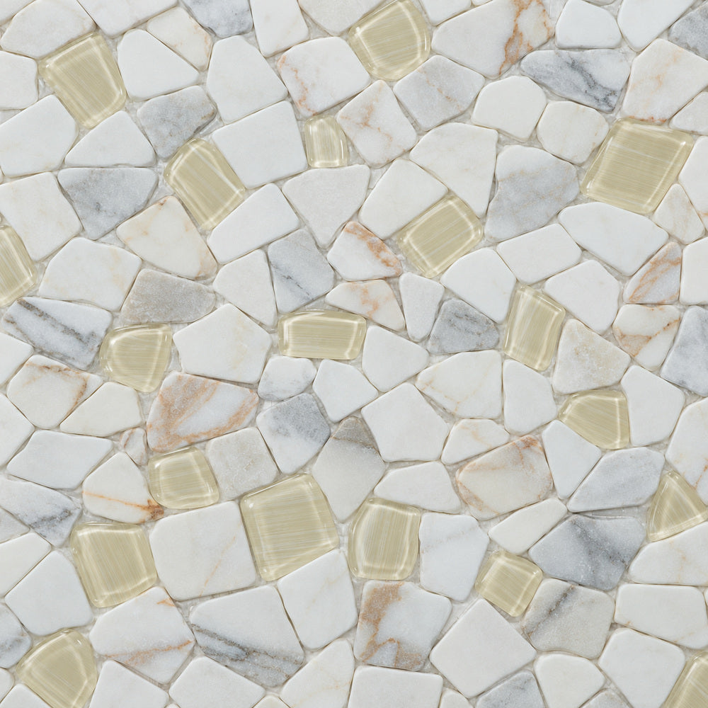 Brimstone Calacatta Gold 12x12 Honed Mosaic Tile — installed close-up