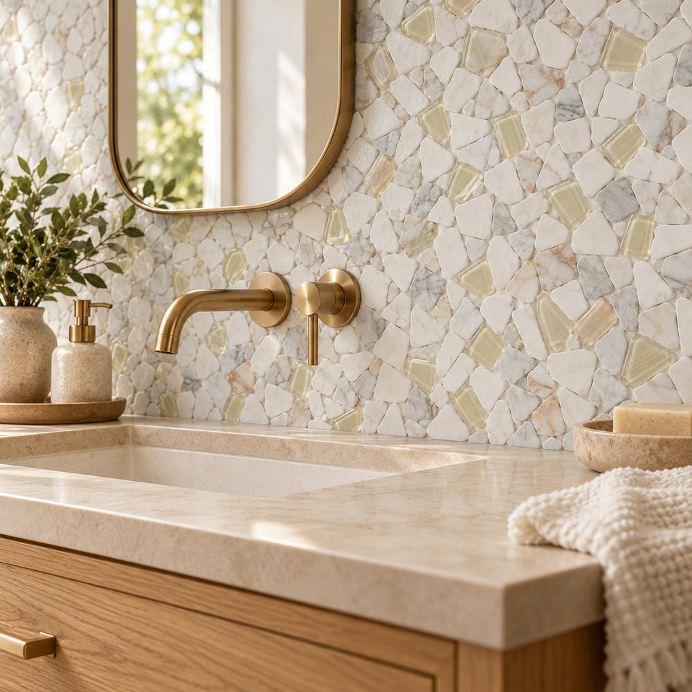 Brimstone Calacatta Gold 12x12 Honed Mosaic Tile — room scene