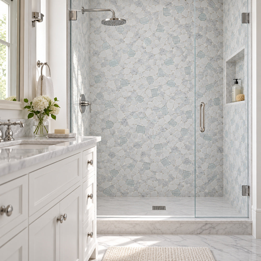 Brimstone Carrara 12x12 Mosaic Tile — room scene