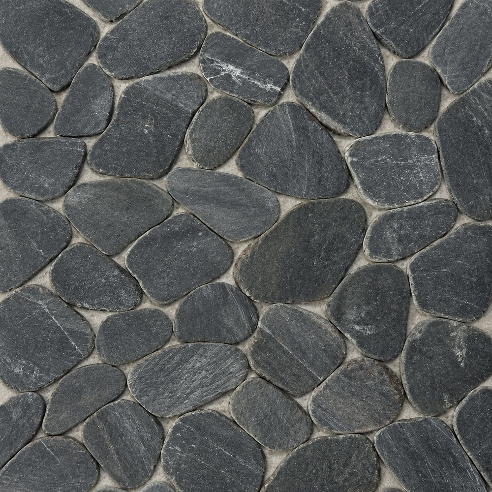 Cairn Black 11x11 Pebble Stone Mosaic Tile — installed close-up