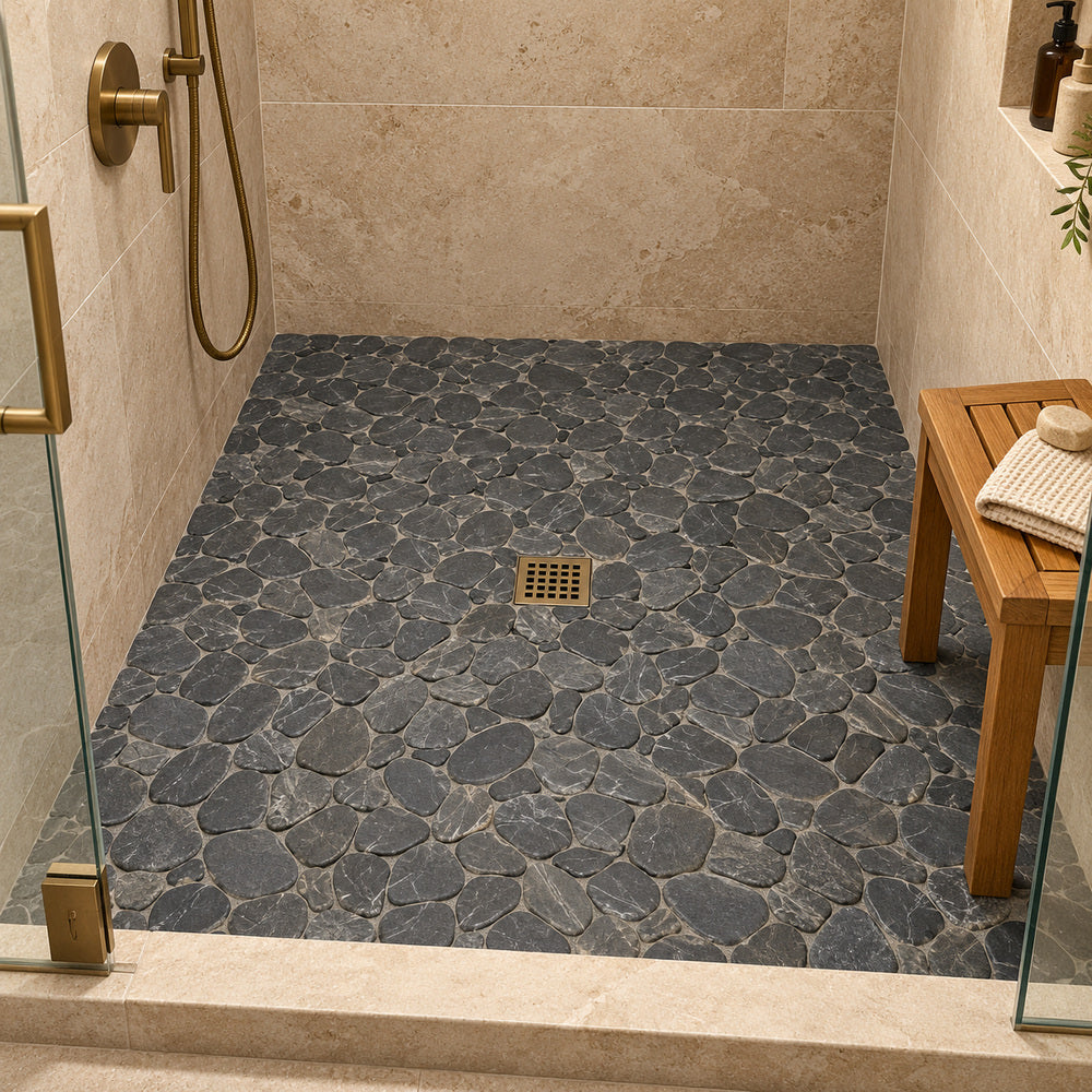 Cairn Black 11x11 Pebble Stone Mosaic Tile — room scene
