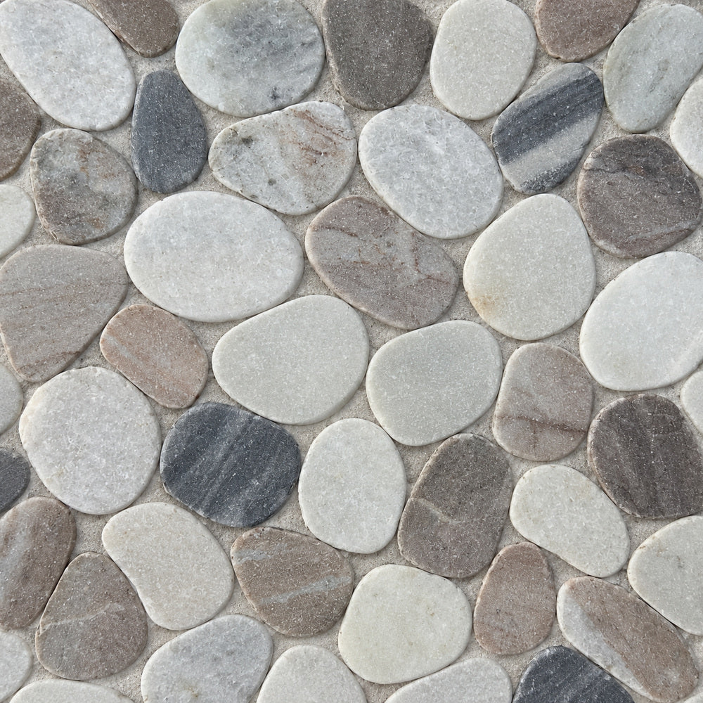 Cairn Mist Mix 11x11 Pebble Stone Mosaic Tile — installed close-up