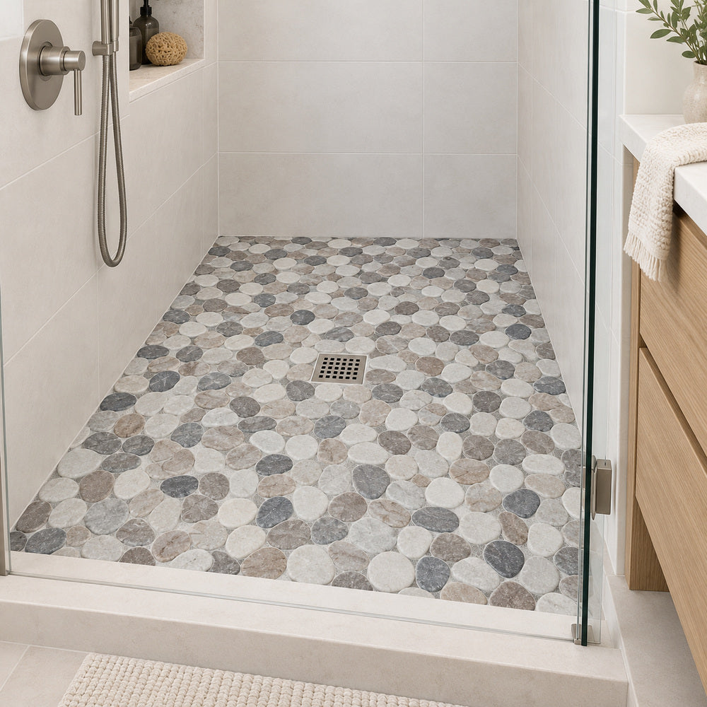 Cairn Mist Mix 11x11 Pebble Stone Mosaic Tile — room scene
