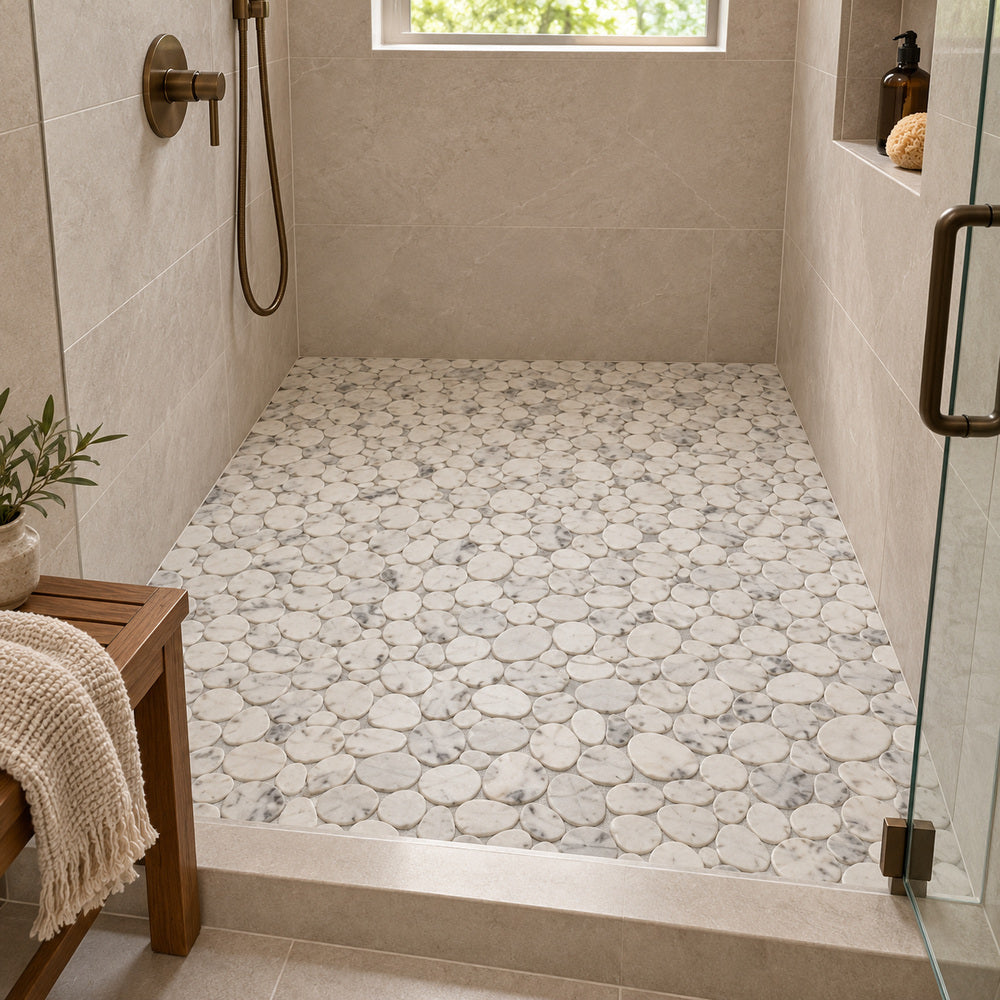Cairn White Mix 11x11 Pebble Stone Mosaic Tile — room