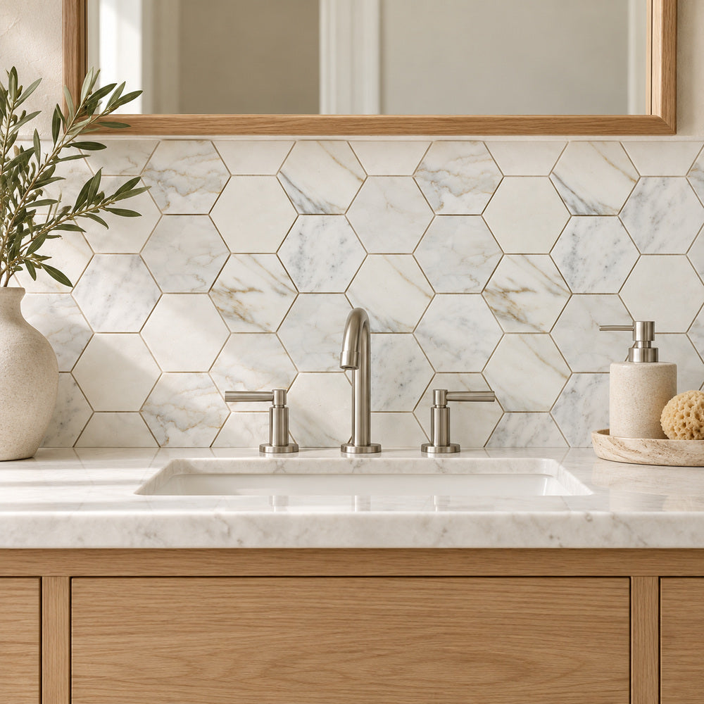 Calacatta Gold Hexagon 5x5 Polished/Honed Marble Mosaic Tile room scene
