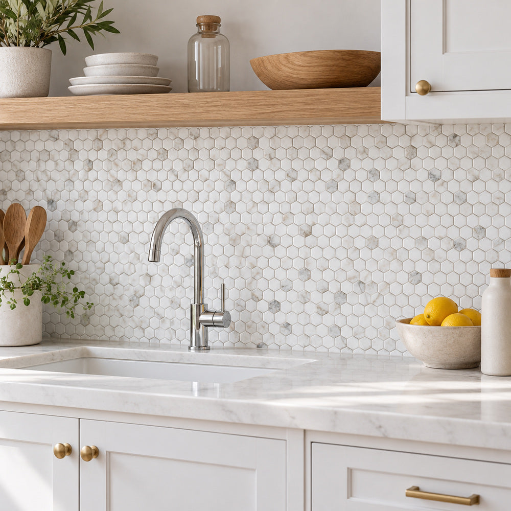 Calacatta Gold 1" Hexagon Polished/Honed Marble Mosaic Tile — room scene with true-scale marble mosaic