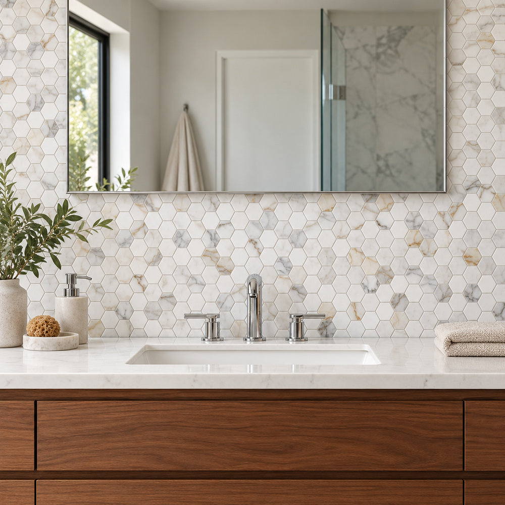 Calacatta Gold 2" Hexagon Polished/Honed Marble Mosaic Tile — room scene with true-scale marble mosaic