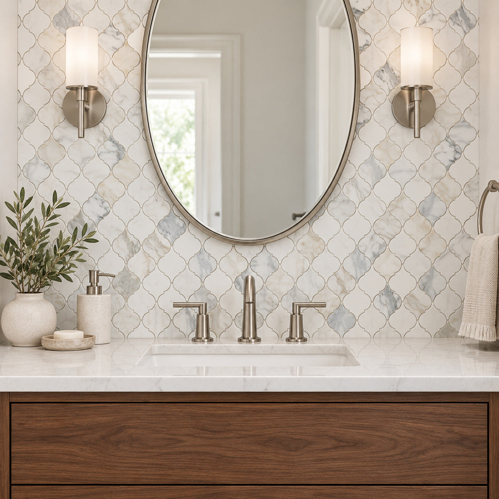 Calacatta Gold Arabesque 3x3 Polished/Honed Marble Mosaic — room scene with true-scale marble mosaic