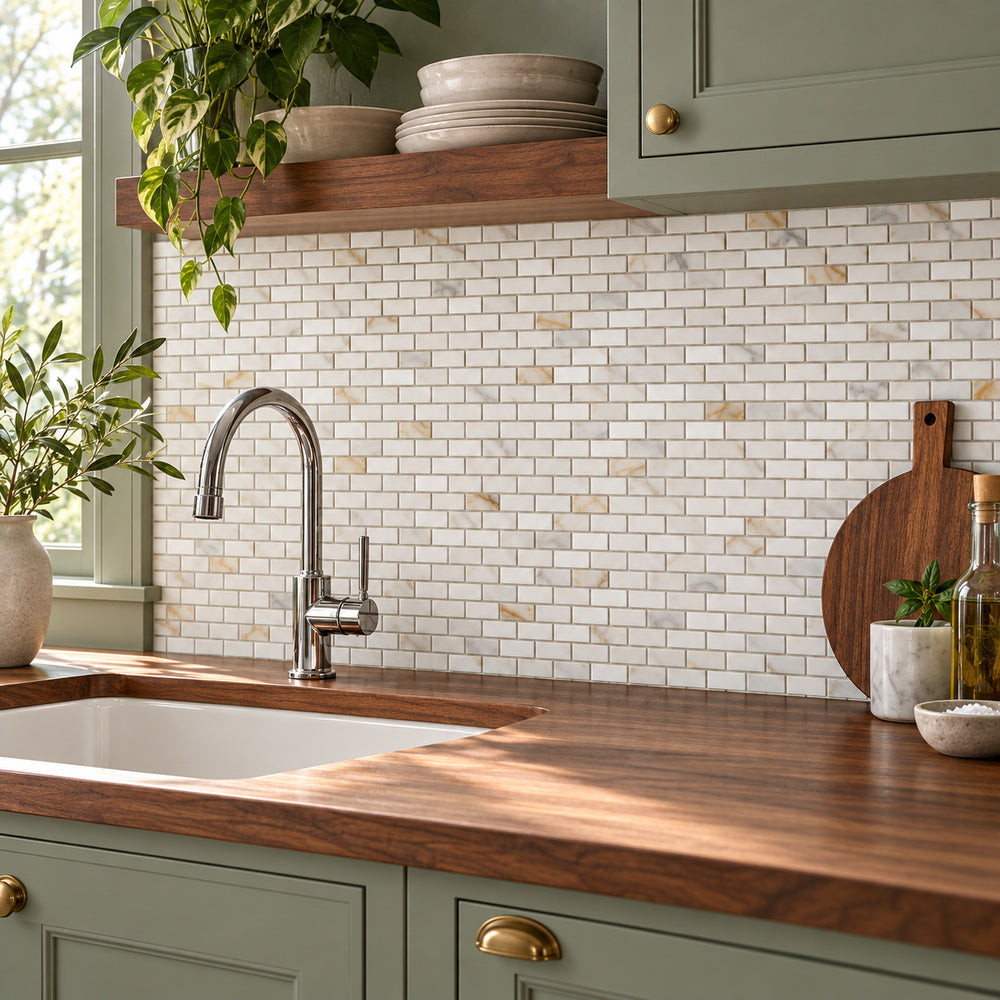 Calacatta Gold Baby Brick 5/8x11/4 Polished/Honed Marble Mosaic Tile — room scene with true-scale marble mosaic