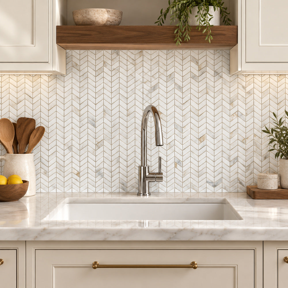 Calacatta Gold Baby Chevron 5/8x1 1/4 Polished/Honed Marble Mosaic Tile — room scene with true-scale marble mosaic