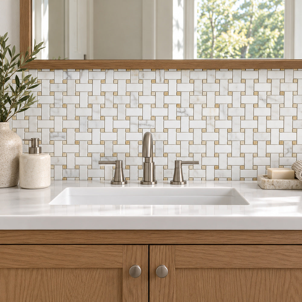 Calacatta Gold Basketweave 1x2 Polished/Honed Marble Mosaic Tile — room scene with true-scale marble mosaic