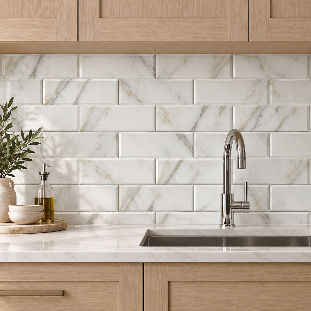 Calacatta Gold Beveled 4x12 Polished/Honed Marble Tile room scene