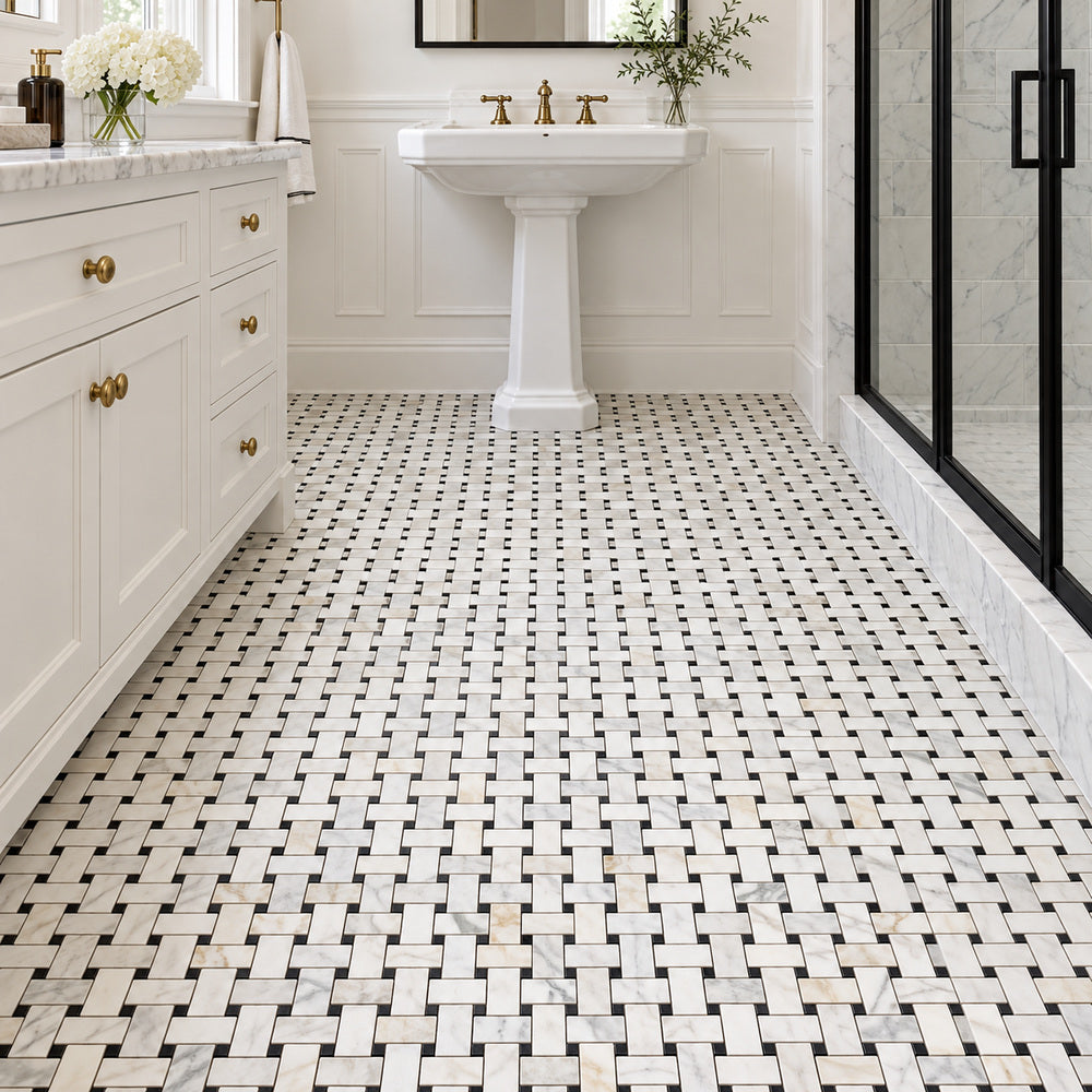 Calacatta Gold & Black Basketweave 12x12 Polished/Honed Marble Mosaic Tile room scene