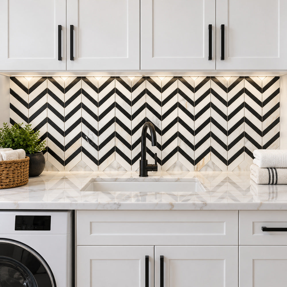Calacatta Gold & Black Grand Chevron 12x12 Polished/Honed Marble Mosaic Tile room scene