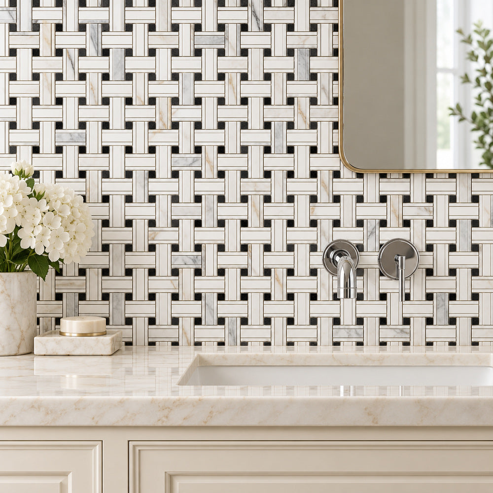 Calacatta Gold & Black Kenzy Basketweave 12x12 Polished/Honed Marble Mosaic Tile room scene