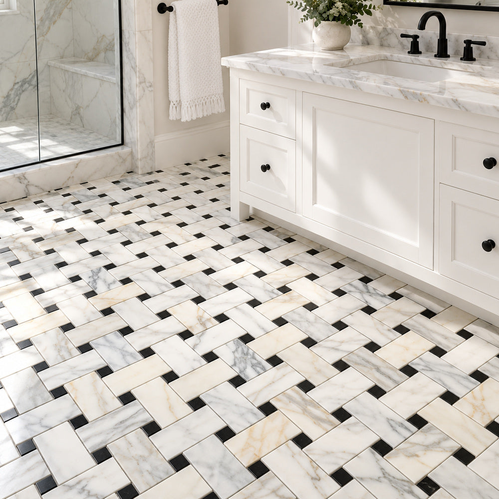 Calacatta Gold & Black Large Basketweave 12x12 Polished/Honed Marble Mosaic Tile room scene