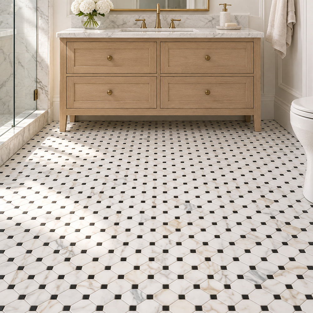 Calacatta Gold & Black Octagon 12x12 Polished/Honed Marble Mosaic Tile room scene