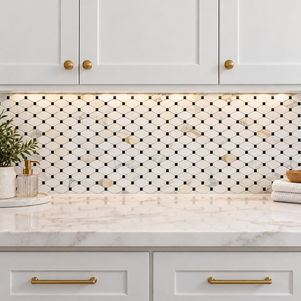Calacatta Gold & Black Octave 12x12 Polished/Honed Marble Mosaic Tile room scene