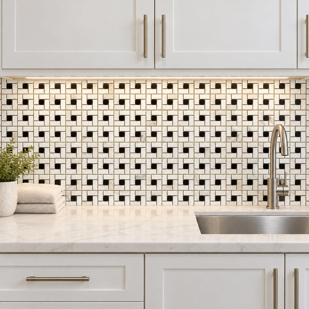 Calacatta Gold & Black Pinwheel 12x12 Polished/Honed Marble Mosaic Tile room scene