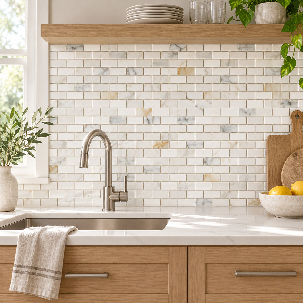 Calacatta Gold Brick 1x2 Polished/Honed Marble Mosaic Tile — room scene with true-scale marble mosaic
