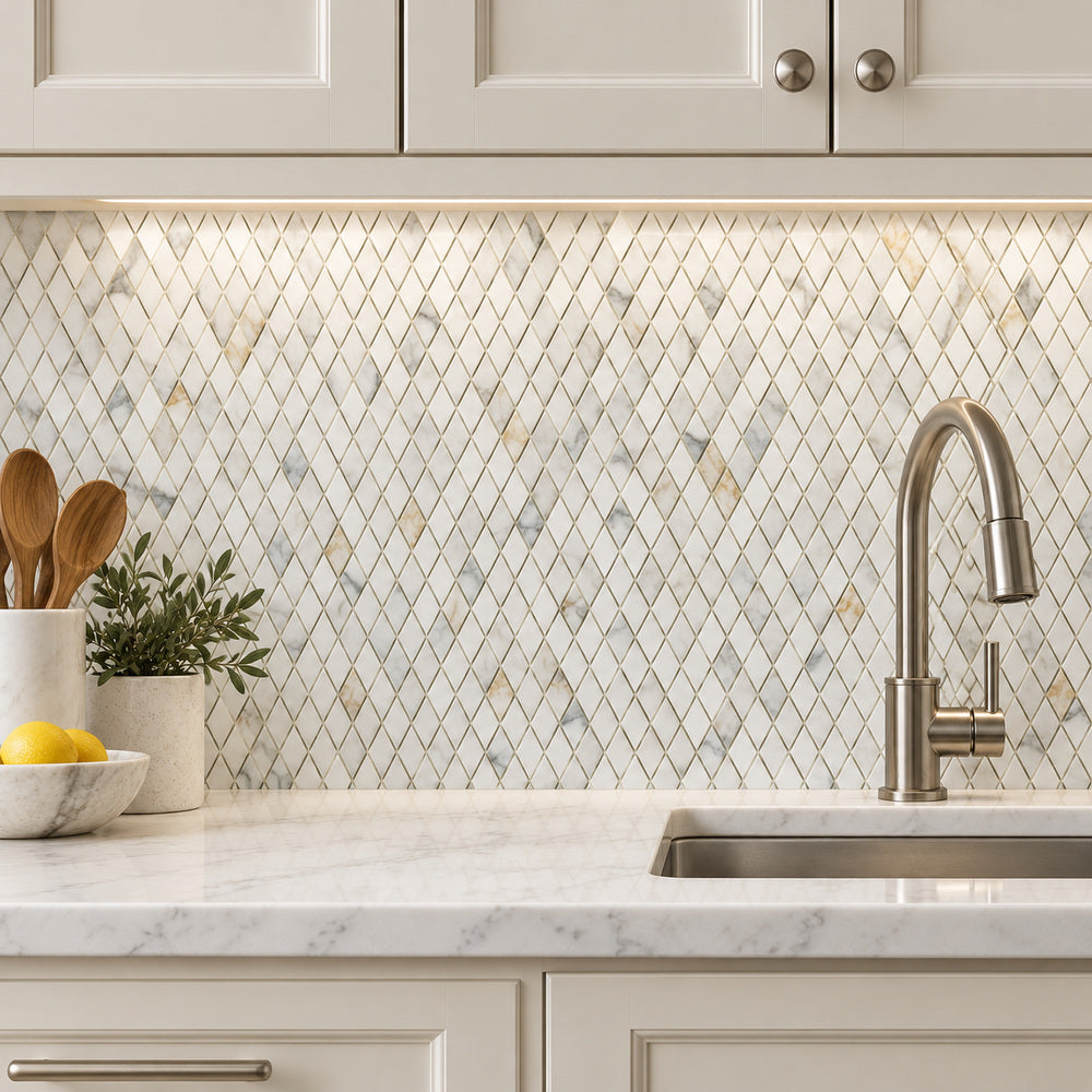 Calacatta Gold Diamond 1x2 Polished/Honed Marble Mosaic Tile room scene