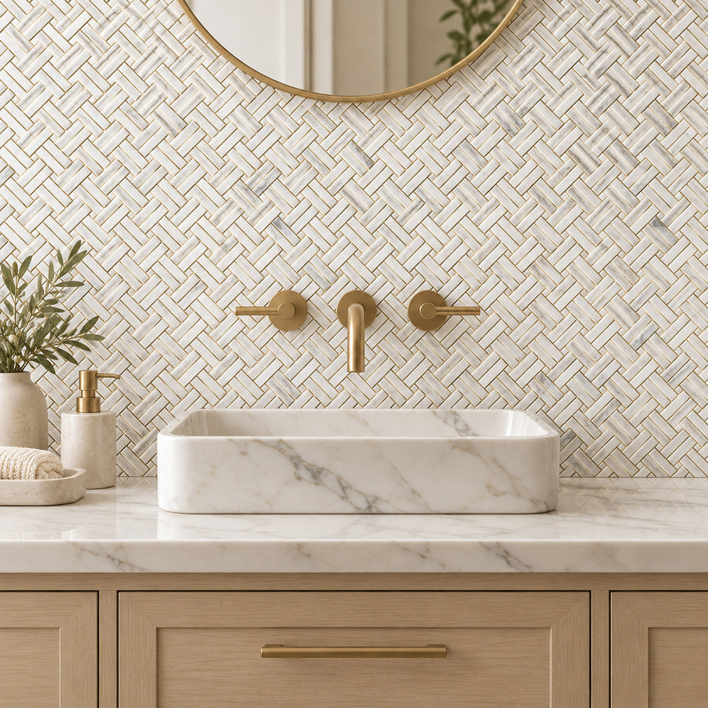 Calacatta Gold Dimensions Basketweave 12x12 Polished/Honed Marble Mosaic Tile room scene
