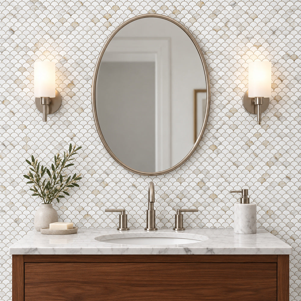Calacatta Gold Fishscale 3/4 Polished/Honed Marble Mosaic Tile — room scene with true-scale marble mosaic