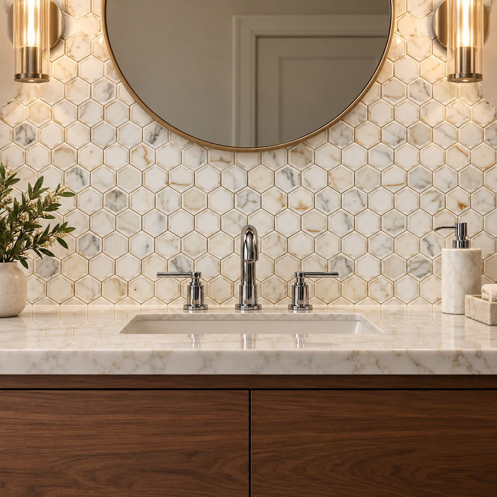 Calacatta Gold Framed Hexagon 2x2 Polished/Honed Marble Mosaic Tile room scene