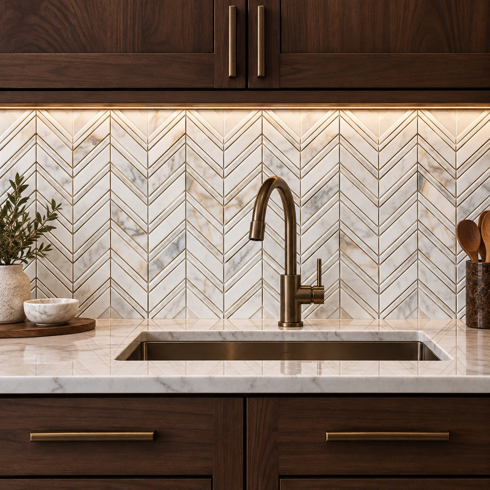 Calacatta Gold Grand Chevron 12x12 Polished/Honed Mosaic Tile room scene