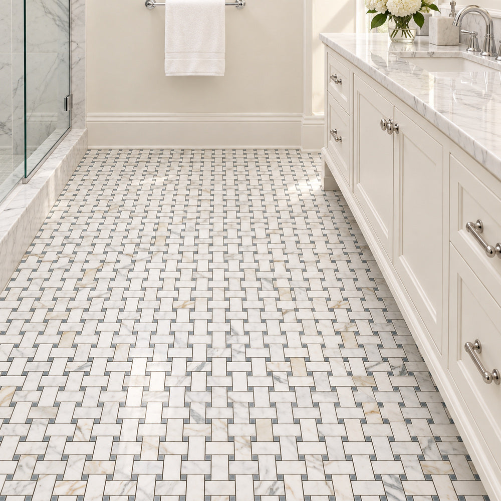 Calacatta Gold & Gray Basketweave 12x12 Polished or Honed Marble Mosaic Tile room scene