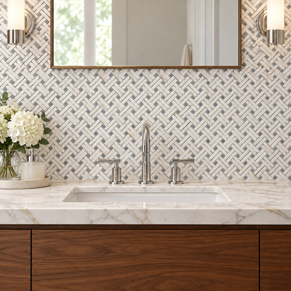 Calacatta Gold & Gray Basketweave Dimensions 12x12 Polished/Honed Marble Mosaic Tile room scene