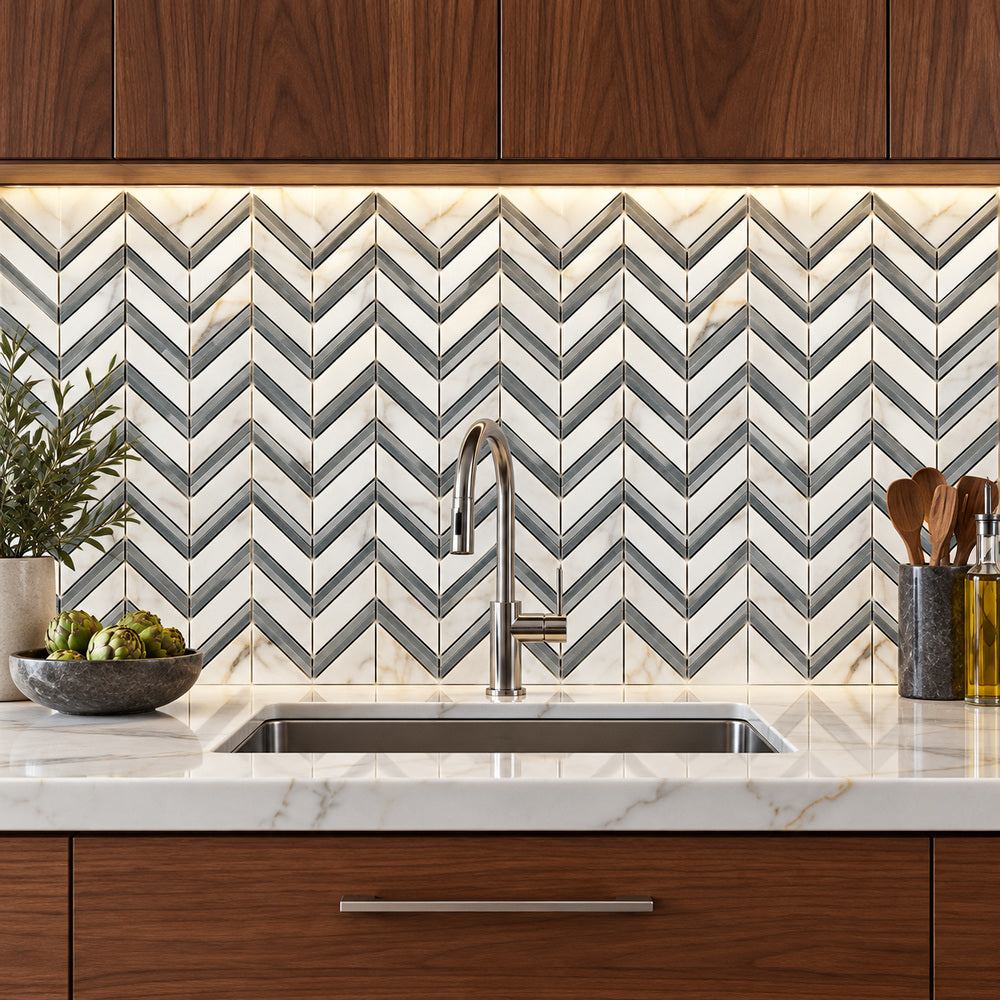 Calacatta Gold & Gray Grand Chevron 12x12 Polished/Honed Marble Mosaic Tile room scene
