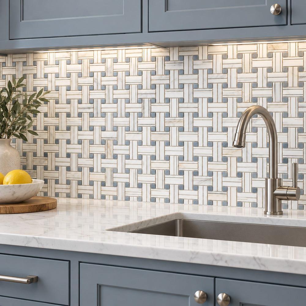 Calacatta Gold & Gray Kenzy Basketweave 12x12 Polished/Honed Marble Mosaic Tile room scene