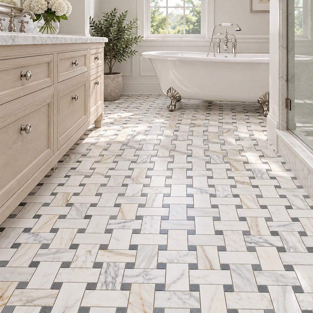 Calacatta Gold & Gray Large Basketweave 12x12 Polished/Honed Marble Mosaic Tile room scene