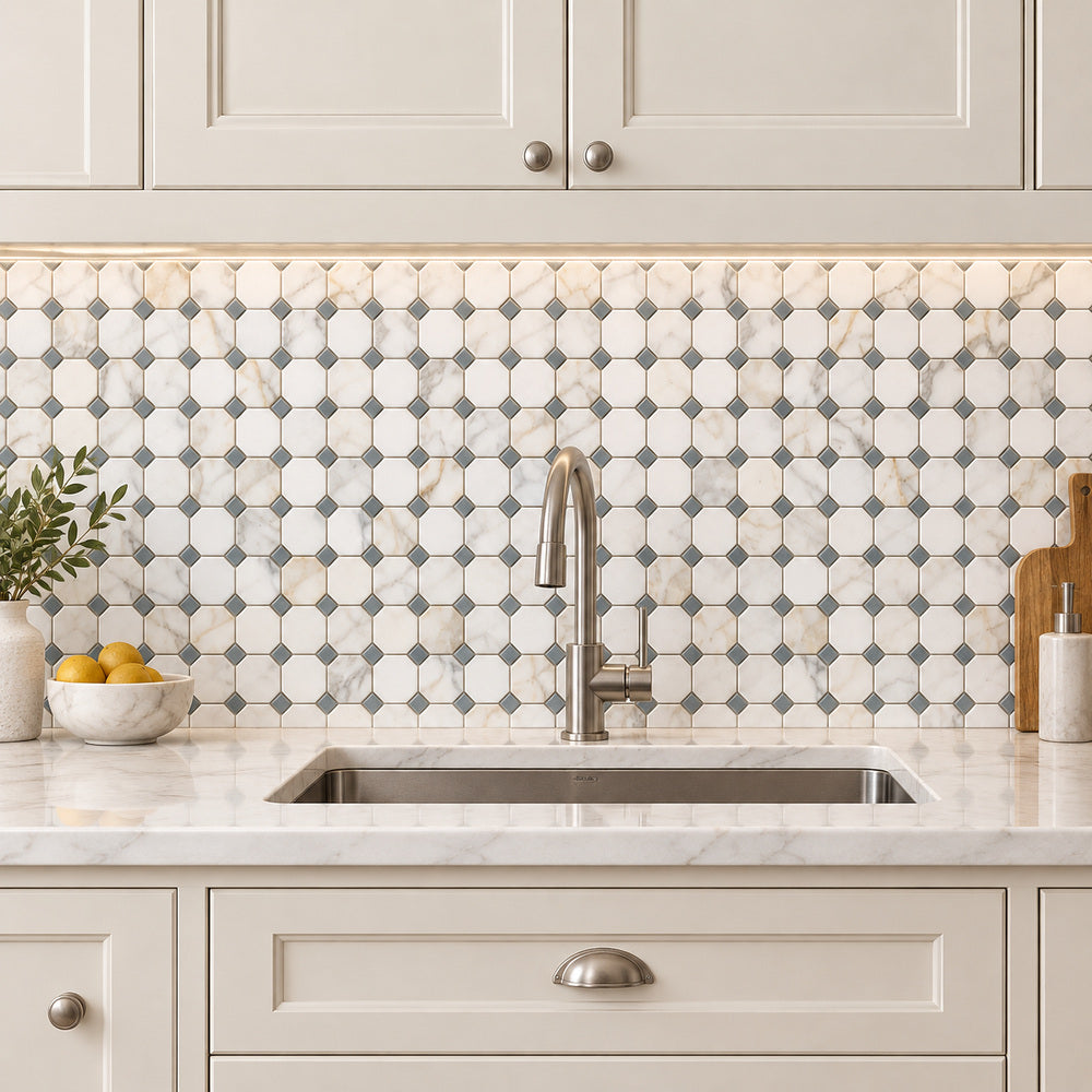 Calacatta Gold & Gray Octagon 12x12 Polished/Honed Marble Mosaic Tile room scene