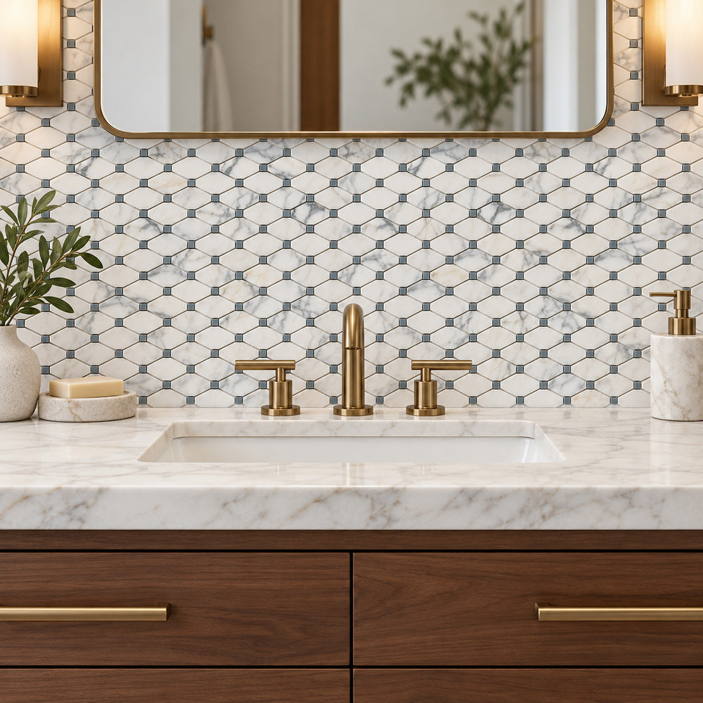Calacatta Gold & Gray Octave 12x12 Polished/Honed Marble Mosaic Tile room scene