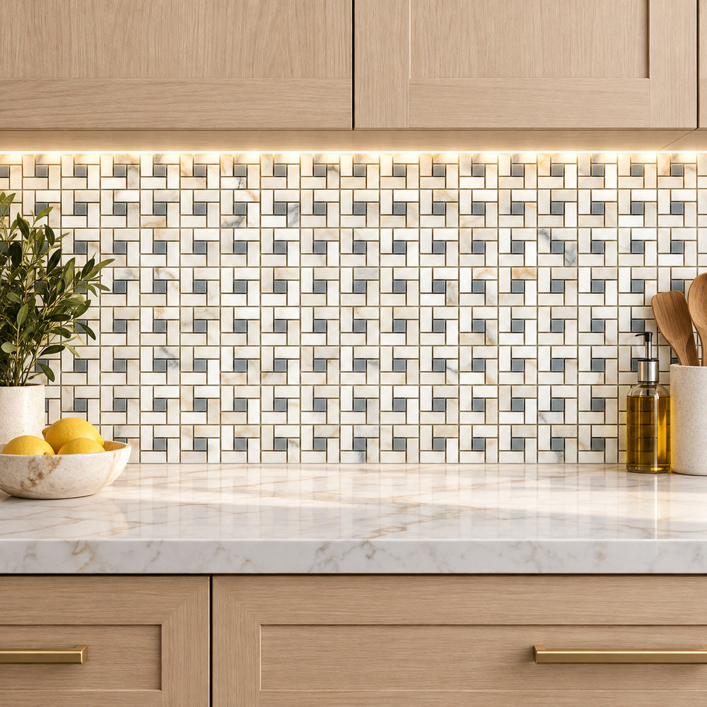 Calacatta Gold & Gray Pinwheel 12x12 Polished/Honed Marble Mosaic Tile room scene