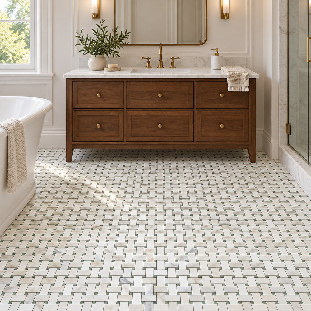 Calacatta Gold & Green Basketweave 12x12 Polished/Honed Marble Mosaic Tile room scene