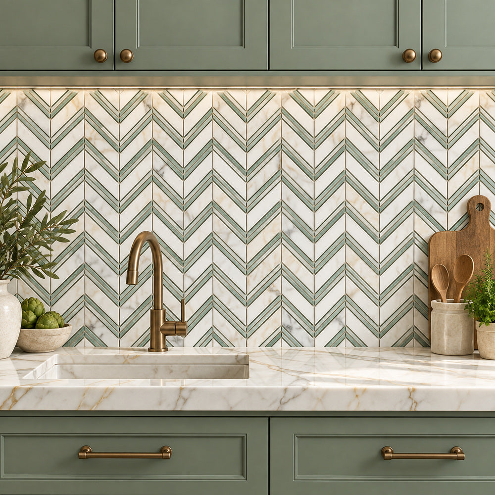 Calacatta Gold & Green Grand Chevron 12x12 Polished/Honed Marble Mosaic Tile room scene