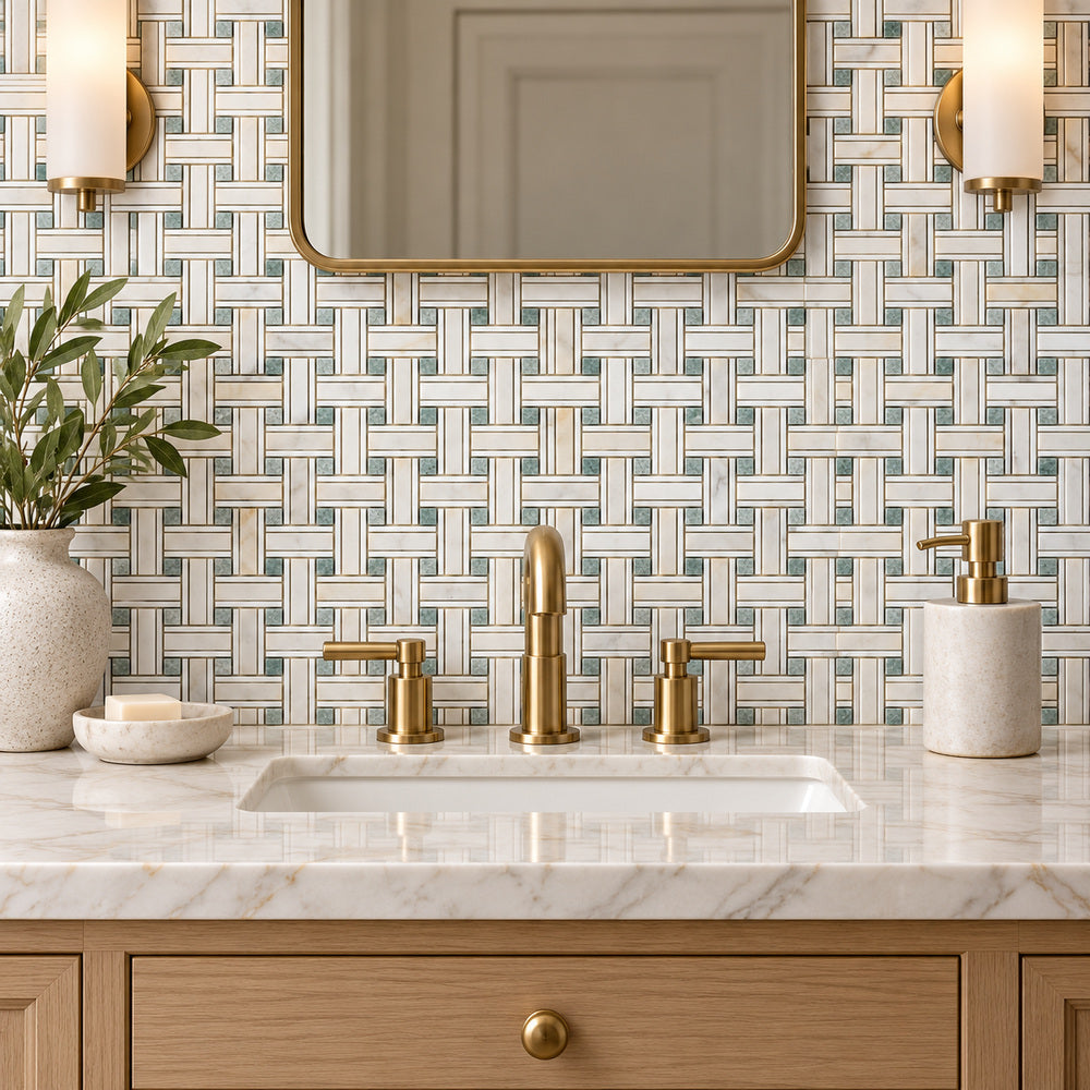 Calacatta Gold & Green Kenzy Basketweave 12x12 Polished/Honed Marble Mosaic Tile room scene