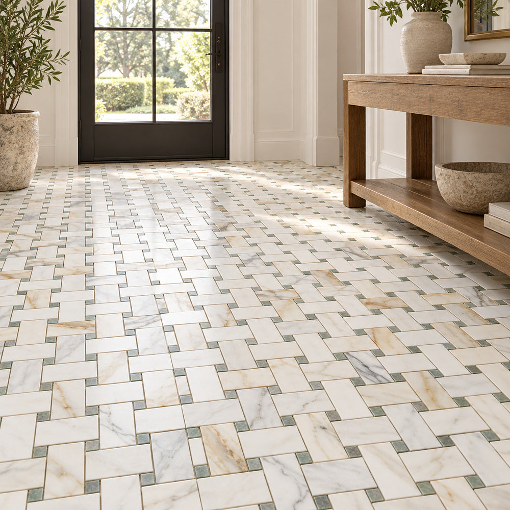 Calacatta Gold & Green Large Basketweave 12x12 Polished/Honed Marble Mosaic Tile room scene
