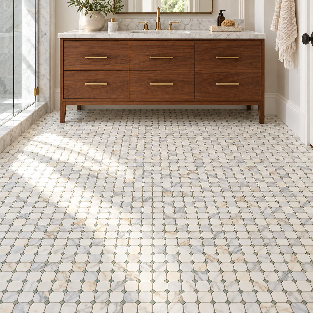 Calacatta Gold & Green Octagon 12x12 Polished/Honed Marble Mosaic Tile room scene