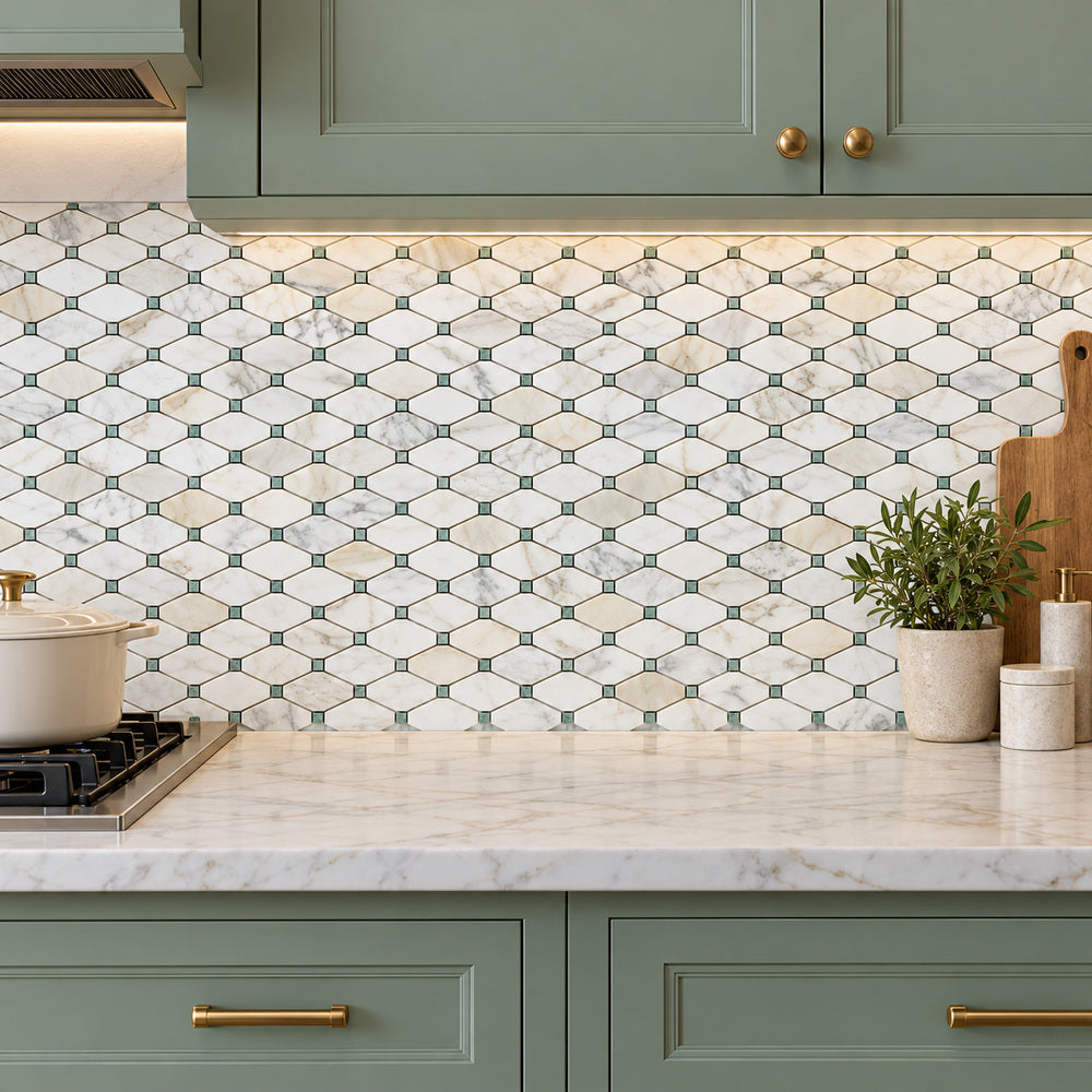 Calacatta Gold & Green Octave 12x12 Polished/Honed Marble Mosaic Tile room scene