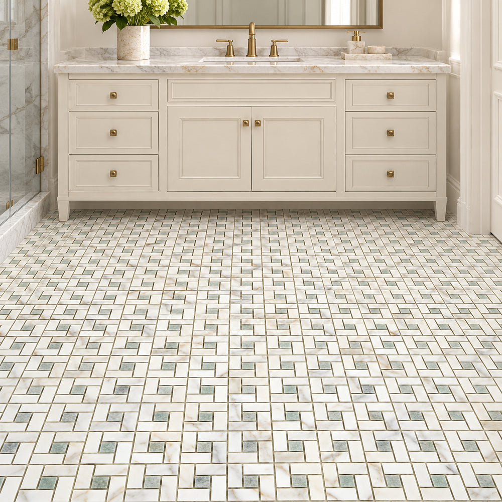 Calacatta Gold & Green Pinwheel 12x12 Polished/Honed Marble Mosaic Tile room scene