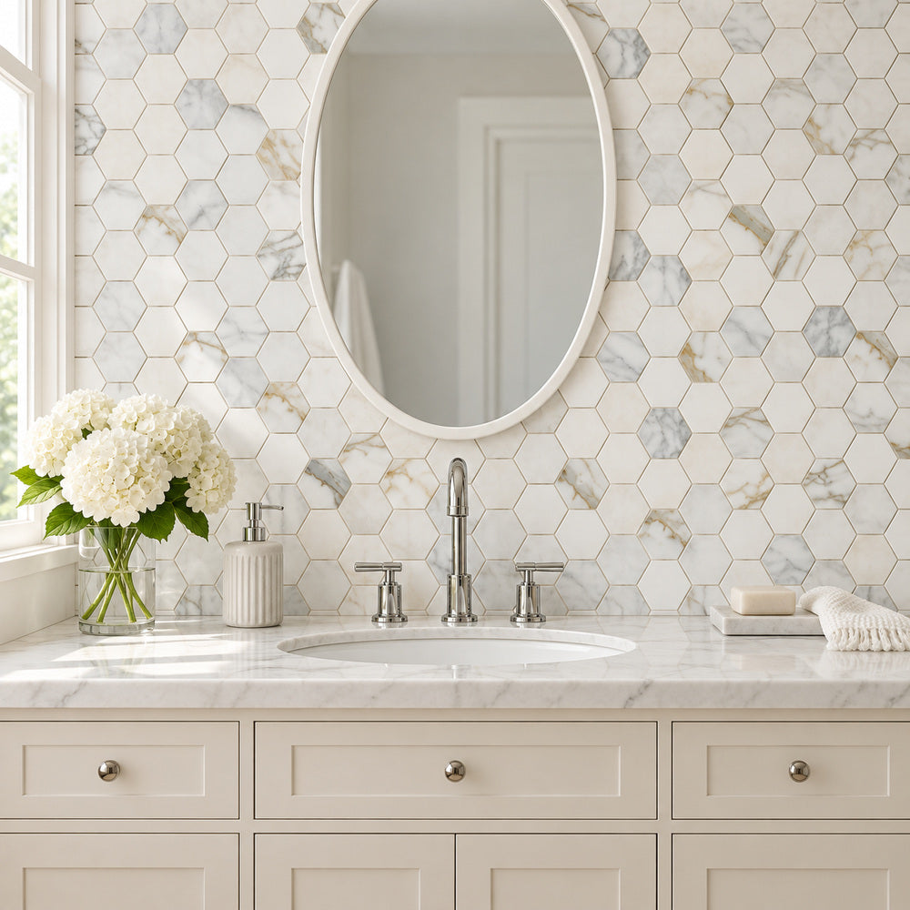 Calacatta Gold Hexagon 3x3 Polished/Honed Marble Mosaic Tile — room scene with true-scale marble mosaic