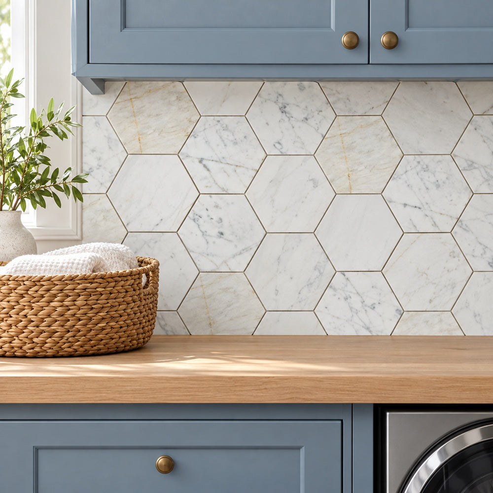 Calacatta Gold Hexagon 6x6 Polished/Honed Marble Mosaic Tile room scene