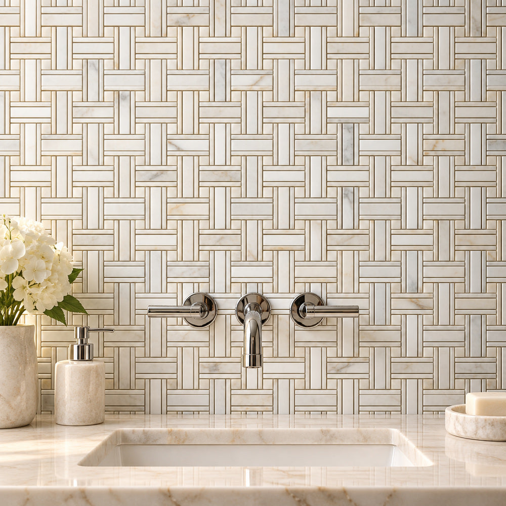 Calacatta Gold Kenzy Basketweave 12x12 Polished/Honed Marble Mosaic Tile room scene