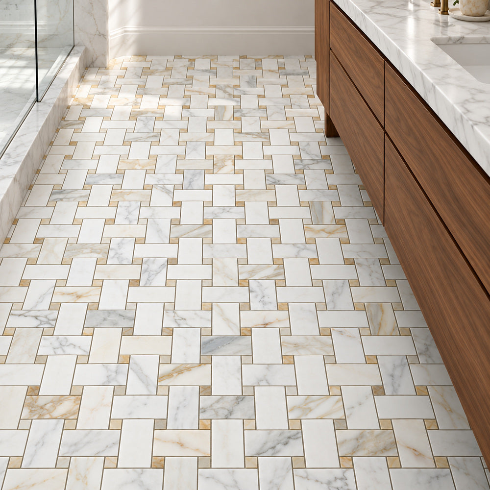 Calacatta Gold Large Basketweave 12x12 Polished/Honed Marble Mosaic Tile room scene